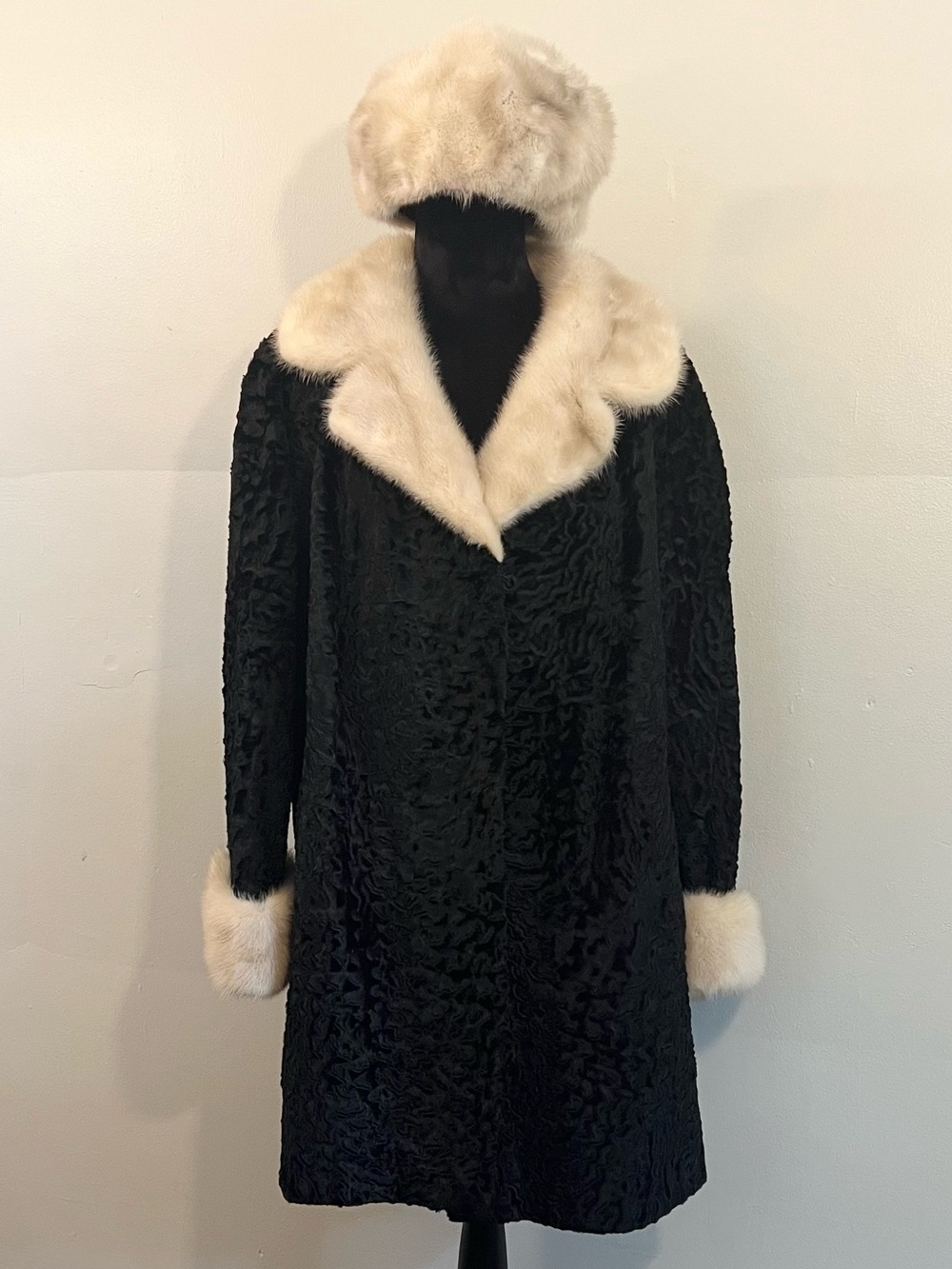 1950s Weingarten’s black Persian lamb fur collar coat vintage old Hollywood glam